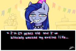 Size: 2013x1342 | Tagged: safe, artist:lina, oc, oc only, oc:lina, oc:lina firesoul, pony, birthday, birthday cake, bloodshot eyes, burgerpants, cake, choker, cigarette, crossover, food, hat, meme, party hat, red eyes, smiling, solo, spiked choker, undertale