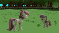 Size: 1280x720 | Tagged: safe, artist:sonymare, sweetie belle, oc, oc:sweetieck dreams, pony, unicorn, g4, 3d, beautiful, butt, cart, chair, cute, daaaaaaaaaaaw, desk, duo, duo female, female, fence, filly, foal, forest, horn, magic, mare, nature, not sweetie belle, ocbetes, outdoors, plot, ship:dreamsbelle, source filmmaker, tree, unicorn horn, vibing