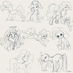 Size: 4000x4000 | Tagged: safe, artist:miokomata, fluttershy, pinkie pie, earth pony, pegasus, pony, g4, balloonbutt, butt, cute, diapinkes, duo, duo female, female, floating wings, floppy ears, grayscale, grin, halo, hoof hold, knife, mare, monochrome, pinkamena diane pie, plot, sitting, smiling, turned head, underhoof, wings