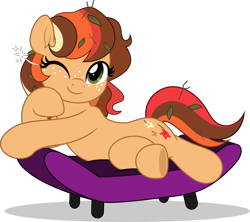 Size: 5621x5000 | Tagged: safe, artist:jhayarr23, oc, oc only, oc:leaf trotter, earth pony, pony, commission, commissioner:solar aura, couch, earth pony oc, leaves, leaves in hair, lying down, multicolored hair, one eye closed, one eye open, simple background, solo, transparent background, wink