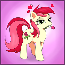 Size: 2000x2004 | Tagged: safe, artist:vomitvomiting, roseluck, earth pony, pony, g4, female, floating heart, flower, flower in mouth, gradient background, heart, looking at you, mare, mouth hold, rose, rose in mouth, solo