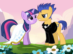 Size: 1706x1274 | Tagged: safe, artist:fynsy.com, flash sentry, twilight sparkle, ambiguous race, pony, g4, blushing, bowtie, clothes, dress, elsagate game, female, flower, fynsy, game, grass, horn, male, mare, marriage, mountain, necktie, outdoors, ship:flashlight, shipping, smiling, smitten, stallion, straight, suit, tail, wedding, wedding dress, weird youtube kids video