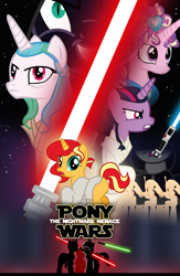 Size: 1988x3056 | Tagged: safe, nightmare moon, princess cadance, princess celestia, princess luna, sunset shimmer, twilight sparkle, alicorn, earth pony, pegasus, pony, unicorn, zabrak, g4, anakin skywalker, apprentice, boots, darth maul, droid, duel, female, horn, jedi, lightsaber, mare, obi wan kenobi, padawan, padme amidala, poster, qui-gon jinn, reference, scenery, shoes, sith, star wars, threat, threatening, twilight sparkle (alicorn), weapon