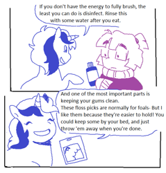 Size: 1017x1064 | Tagged: safe, artist:jeepersjpeg, minuette, moondancer, pony, unicorn, g4, comic, dentist, dialogue, duo, duo female, female, horn, limited palette, simple background, talking, text, white background