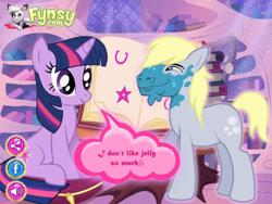 Size: 1679x1260 | Tagged: safe, artist:fynsy.com, hugh jelly, twilight sparkle, oc, oc:fynsy, cat, earth pony, pony, unicorn, awkward, date, dialogue, female, fynsy, game, golden oaks library, horn, indoors, male, mare, shipping, stallion, straight, unicorn twilight