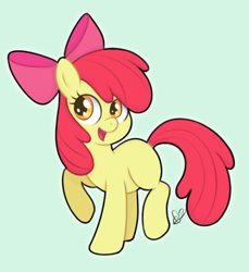 Size: 834x910 | Tagged: safe, artist:czscribbles, apple bloom, earth pony, pony, g4, adorabloom, apple bloom's bow, blank flank, bow, cute, female, filly, foal, green background, hair bow, open mouth, raised hoof, simple background, solo