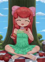 Size: 2480x3425 | Tagged: safe, artist:focusb, apple bloom, human, anime style, apple, basket, child, choker, cloud, crossed legs, cute, day, eyes closed, facing you, flip flops, food, grass, holding, humanized, open mouth, outdoors, picnic, picnic basket, picnic blanket, sandals, shoes, sitting, sky, smiling, tree, younger