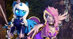 Size: 1200x636 | Tagged: safe, princess luna, oc, oc:stardust platinum, alicorn, pony, open pony, 3d, alternate design, armor, second life, sword, weapon