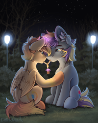 Size: 1760x2196 | Tagged: safe, artist:dorkmark, oc, oc only, pegasus, pony, unicorn, couple, cute, detailed background, duo, horn, lighter, outdoors, pegasus oc, smoking, unicorn oc