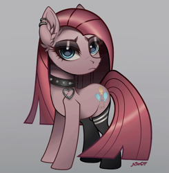 Size: 6186x6304 | Tagged: safe, artist:p3ar07, pinkie pie, earth pony, pony, g4, base used, blue eyes, choker, clothes, ear piercing, eyelashes, gray background, looking at you, piercing, pinkamena diane pie, sad face, signature, simple background, solo, stockings, thigh highs