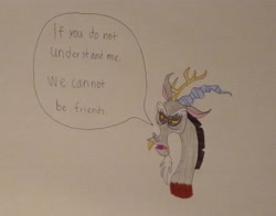 Size: 3432x2692 | Tagged: safe, artist:aa68., derpibooru exclusive, discord, draconequus, g4, angst, crying, male, open mouth, simple background, solo, speech bubble, teary eyes, traditional art, white background