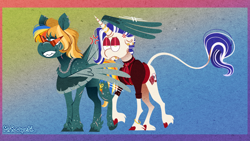 Size: 1658x935 | Tagged: safe, artist:mrraapeti, oc, oc only, pegasus, pony, unicorn, gradient background, head pat, horn, pat, pegasus oc, unicorn oc, wing hands, wings