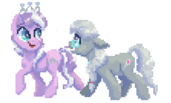 Size: 1792x1080 | Tagged: safe, artist:shaslan, diamond tiara, silver spoon, earth pony, pony, g4, digital art, duo, duo female, female, pixel art, simple background, smiling, white background