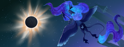 Size: 5259x2000 | Tagged: safe, artist:shaslan, princess luna, alicorn, pony, g4, cloven hooves, colored wings, eclipse, feathered ears, leonine tail, solo, tail, unshorn fetlocks, wings