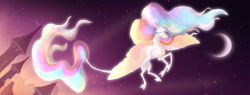 Size: 5259x2000 | Tagged: safe, artist:shaslan, princess celestia, alicorn, pony, g4, cloven hooves, colored wings, crescent moon, female, flying, leonine tail, mare, moon, solo, tail, unshorn fetlocks, wings