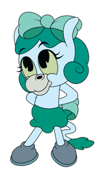 Size: 751x1200 | Tagged: safe, artist:prixy05, oc, oc only, oc:prixy, pony, anthro, unguligrade anthro, bow, clothes, colored sclera, cuphead, simple background, skirt, solo, style emulation, the cuphead show, transparent background