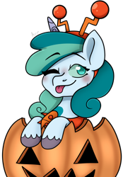 Size: 752x1080 | Tagged: safe, artist:dj axel, oc, oc only, oc:prixy, lobster, pony, unicorn, :p, clothes, colored sclera, commission, commissioner:prixy05, costume, female, headband, horn, lobster costume, mare, nightmare night costume, pumpkin, simple background, solo, tongue out, transparent background, ych result