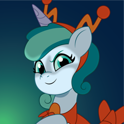 Size: 1200x1200 | Tagged: safe, artist:prixy05, oc, oc only, oc:prixy, lobster, pony, unicorn, g5, my little pony: tell your tale, clothes, colored sclera, costume, female, gradient background, headband, horn, lobster costume, mare, nightmare night costume, solo, underlighting