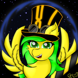 Size: 4200x4200 | Tagged: safe, artist:twinky, oc, oc only, pegasus, pony, chest fluff, ear fluff, female, glasses, green eyes, green mane, hat, mare, solo, space, spread wings, steampunk, top hat, wings