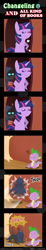 Size: 600x3263 | Tagged: safe, artist:vavacung, spike, twilight sparkle, changeling, dragon, pony, unicorn, comic:changeling and all kind of books, g4, book, comic, female, golden oaks library, horn, male, pointy ponies, unicorn twilight, wingless spike