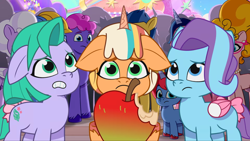 Size: 2160x1215 | Tagged: safe, screencap, glory (g5), kazoo (g5), lemon gear, peach fizz, philly, phyllis cloverleaf, plum library, seashell (g5), sugarpuff lilac, earth pony, pegasus, pony, unicorn, attack of the vending machine, g5, my little pony: tell your tale, spoiler:g5, spoiler:my little pony: tell your tale, spoiler:tyts02e21, apple, bite mark, bow, cute, female, filly, floppy ears, foal, food, frown, horn, pippsqueak trio, pippsqueaks, sad, sadorable, tail, tail bow, teeth, trio focus