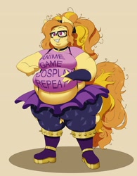 Size: 2529x3246 | Tagged: safe, artist:seatbelt, adagio dazzle, earth pony, anthro, plantigrade anthro, g4, adagio wobble, boots, clothes, commission, fat, glasses, messy mane, nerd, obese, pants, ponified, shoes, simple background, skirt, smiling, solo, species swap