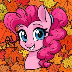 Size: 5000x5000 | Tagged: safe, artist:cloudmild, pinkie pie, earth pony, pony, g4, autumn, bust, cute, diapinkes, female, happy, leaves, mare, ponytail, smiling, solo