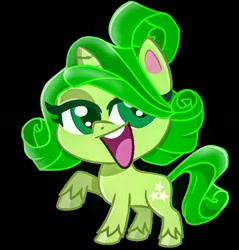 Size: 1080x1131 | Tagged: safe, artist:princess_rarity_5g, pony, unicorn, g4, g4.5, my little pony: pony life, better source needed, black background, colored pinnae, cute, female, foal, green coat, green eyes, green hair, green mane, green tail, horn, mare, open mouth, ponified, pony life accurate, raised hoof, show accurate, simple background, solo, tail, the fixies, verda (the fixies)