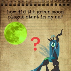 Size: 736x736 | Tagged: safe, editor:aerofie, queen chrysalis, changeling, changeling queen, g4, alternate universe, disease, english, infection au, information, paper background, solo, text