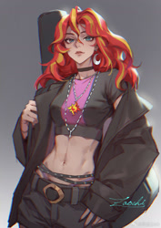 Size: 900x1273 | Tagged: safe, artist:gongxiao zao, sunset shimmer, human, rainbow rocks 10th anniversary, g4, belly, belly button, belt, belt buckle, choker, clothes, cowboy shot, ear piercing, earring, fit, gradient background, guitar case, humanized, jacket, jewelry, looking at you, necklace, pendant, piercing, shirt, shorts, slender, solo, standing, text, thin, weibo