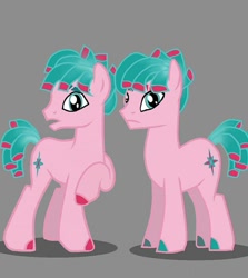 Size: 983x1100 | Tagged: safe, artist:princess_skyresh_glow, earth pony, pony, g4, better source needed, colored eyebrows, colored hooves, duo, duo male, geek (the fixies), gray background, hooves, looking at you, male, pink skin, ponified, raised hoof, siblings, simple background, standing, teal eyes, the fixies, tweak (the fixies), twins