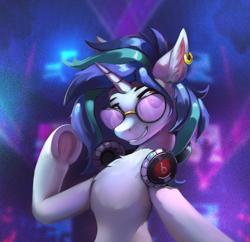 Size: 3117x3017 | Tagged: safe, artist:foxpit, dj pon-3, vinyl scratch, pony, unicorn, g4, chest fluff, ear piercing, earring, female, glasses, half body, headphones, horn, jewelry, looking at you, mare, piercing, raised hoof, smiling, smiling at you, solo