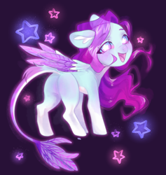 Size: 2594x2732 | Tagged: safe, artist:ruru_01, oc, oc only, pegasus, pony, abstract background, folded wings, full body, looking at you, looking back, looking back at you, smiling, smiling at you, solo, wings