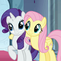 Size: 788x788 | Tagged: safe, screencap, fluttershy, rarity, pegasus, unicorn, g4, my little pony: friendship is magic, season 9, the beginning of the end, canterlot throne room, cropped, cute, duo, duo female, female, hoof around neck, horn, indoors, raised hoof, raribetes, shyabetes, standing