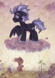 Size: 1527x2160 | Tagged: safe, artist:equmoria, oc, oc only, pegasus, pony, rabbit, animal, cloud, full body, male, pegasus oc, rain, solo, sprout, stallion, stormcloud