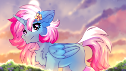 Size: 5000x2813 | Tagged: safe, artist:stesha, oc, oc only, alicorn, pony, alicorn oc, cute, heterochromia, horn, outdoors, solo, wings