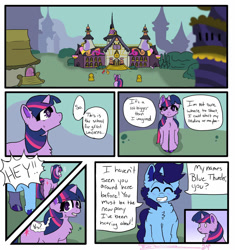 Size: 1600x1700 | Tagged: artist needed, source needed, safe, twilight sparkle, oc, oc:bluethunder, unicorn, g4, canterlot, comic, fluffy, horn, outdoors, princess celestia's school for gifted unicorns, school, unicorn twilight