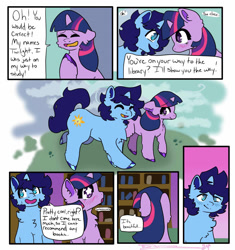 Size: 1600x1700 | Tagged: artist needed, source needed, safe, twilight sparkle, oc, oc:blue thunder, unicorn, g4, 6 panel comic, blushing, bookshelf, comic, duo, duo male and female, female, fluffy, horn, library, male, starry eyes, unicorn twilight, wingding eyes