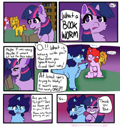 Size: 1600x1700 | Tagged: artist needed, source needed, safe, twilight sparkle, oc, oc:blue thunder, unicorn, g4, 6 panel comic, book, bully, bullying, comic, fluffy, horn