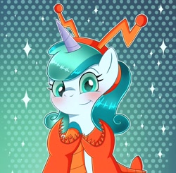 Size: 3336x3273 | Tagged: safe, artist:scorbunnyd, oc, oc only, oc:prixy, lobster, pony, unicorn, claws, clothes, colored sclera, commission, commissioner:prixy05, costume, female, gradient background, headband, horn, lobster costume, mare, nightmare night costume, solo