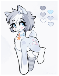 Size: 736x950 | Tagged: safe, artist:valeria_fills, oc, oc only, earth pony, pony, adoptable, blue eyes, blush lines, blushing, chest fluff, clothes, coat markings, collar, colored pinnae, deer tail, ear fluff, femboy, hock fluff, looking away, male, pale belly, raised hoof, raised leg, reference sheet, short mane, shrunken pupils, simple background, smiling, sock, socks, socks (coat markings), solo, stallion, star collar, striped socks, tail, three toned mane, white background