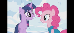 Size: 826x372 | Tagged: safe, screencap, pinkie pie, twilight sparkle, earth pony, pony, unicorn, g4, my little pony: friendship is magic, season 1, winter wrap up, duo, duo female, female, horn, mare, outdoors, snow, unicorn twilight