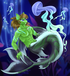 Size: 3000x3257 | Tagged: safe, artist:mailner, oc, oc only, jellyfish, mermaid, merpony, pegasus, anthro, anthro oc, bubble, coral, digital art, dorsal fin, eyebrows, fin, fingernails, fins, fish tail, flowing mane, flowing tail, male, necklace, ocean, scales, seaquestria, seashell necklace, seaweed, smiling, solo, stallion, swimming, tail, underwater, water