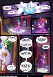 Size: 3541x5121 | Tagged: safe, artist:angusdra, artist:lummh, princess cadance, princess celestia, prismia, alicorn, pony, comic:the princess of love, g4, absurd resolution, comic, crown, female, foal, glowing, glowing horn, hoof shoes, horn, jewelry, magic, mare, necklace, pendant, peytral, princess shoes, regalia, speech bubble, teen princess cadance, thought bubble, wings, younger