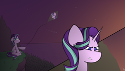 Size: 5120x2880 | Tagged: safe, artist:japkozjad, starlight glimmer, pony, unicorn, g4, cliff, detailed background, dusk, evil smile, female, floppy ears, forest, horn, kite, kite flying, mare, mountain, nature, night, outdoors, s5 starlight, sitting, smiling, stars, that pony sure does love kites, tree