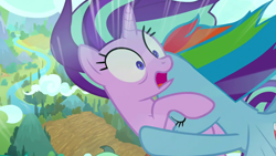 Size: 1920x1080 | Tagged: safe, screencap, rainbow dash, starlight glimmer, pegasus, unicorn, g4, school raze, season 8, duo, duo female, eyes closed, falling, female, horn, mare, nature, open mouth, outdoors, river, scared, shrunken pupils, water