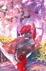 Size: 3171x4851 | Tagged: safe, artist:tyutya, oc, oc only, oc:hardy, alicorn, big cat, cat, leopard, pony, snow leopard, brown coat, cheek fluff, chest fluff, ear fluff, falling petals, flower, hammock, high res, holding an animal, hoof fluff, looking at you, lying down, male, on back, outdoors, partially open wings, red eyes, red mane, red tail, solo, stallion, tail, unshorn fetlocks, wings