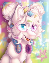 Size: 900x1165 | Tagged: safe, artist:mychelle, oc, oc:squibbles, earth pony, pony, bust, female, headphones, heterochromia, mare, pencil, portrait, solo