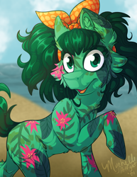 Size: 900x1165 | Tagged: safe, artist:mychelle, floral pattern, oc, oc only, oc:sunset palm, earth pony, original species, plant pony, pony, blurry background, cheek fluff, ear fluff, female, green coat, green eyes, green mane, green tail, hock fluff, looking at you, mare, neckerchief, ocean, open mouth, outdoors, plant, raised hoof, smiling, smiling at you, solo, sunlight, tail, water