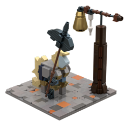 Size: 1200x1200 | Tagged: safe, artist:otl crafts, oc, oc only, oc:firm stance, earth pony, original species, pony, unicorn, 3d, armor, armored pony, armored skirt, bell, halberd, horn, lego, render, simple background, solo, transparent background, unicorn oc, weapon